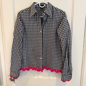 Black & White Gingham Blouse with Pink Rickrack Trim, size M